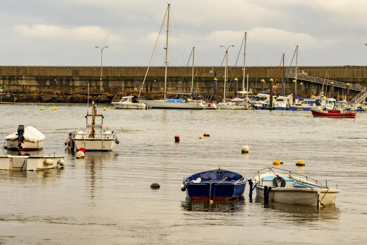 Boats moored in a small harbour town on a quiet coast