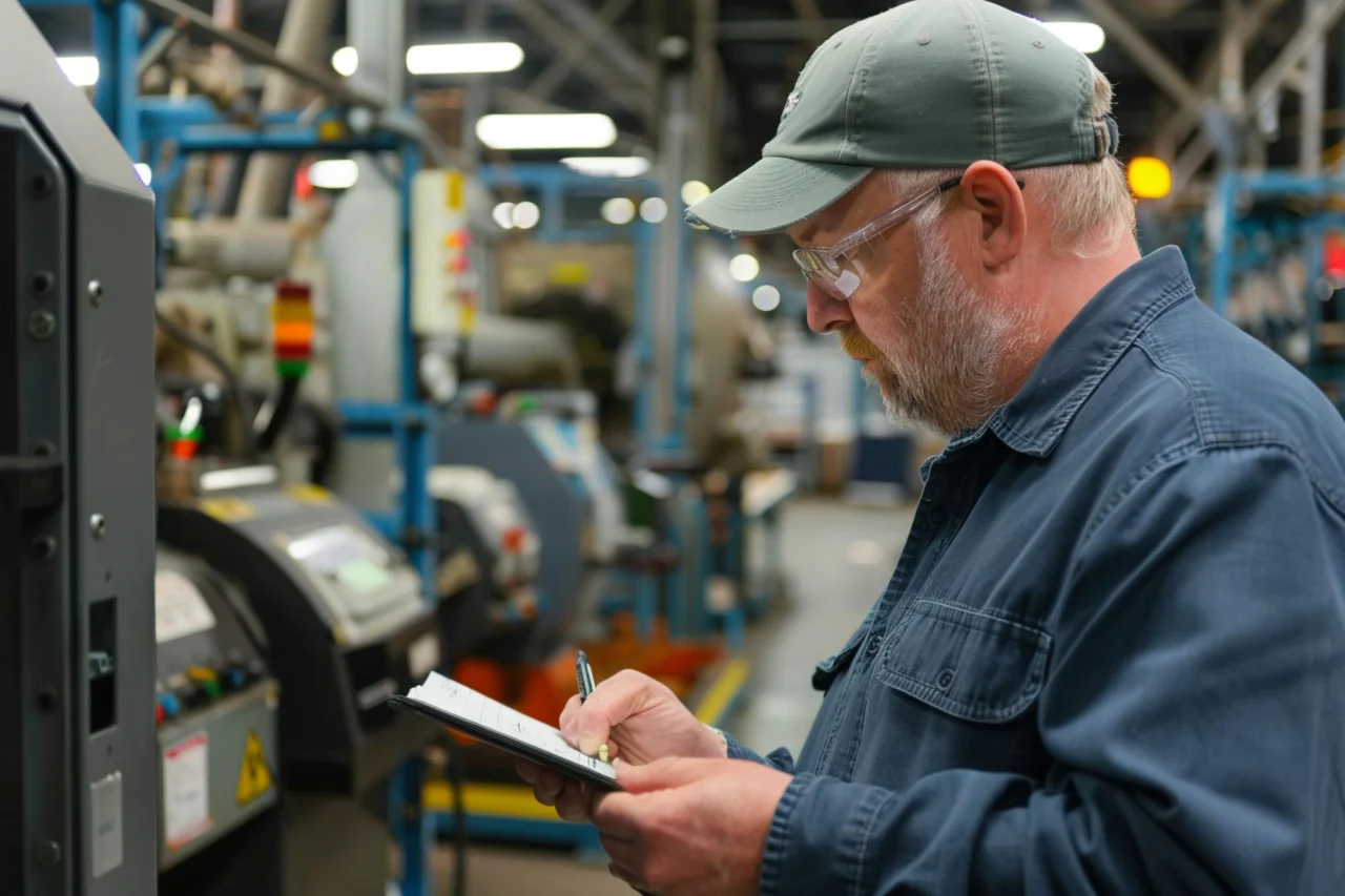 A production supervisor making notes beside machinery on a factory floor