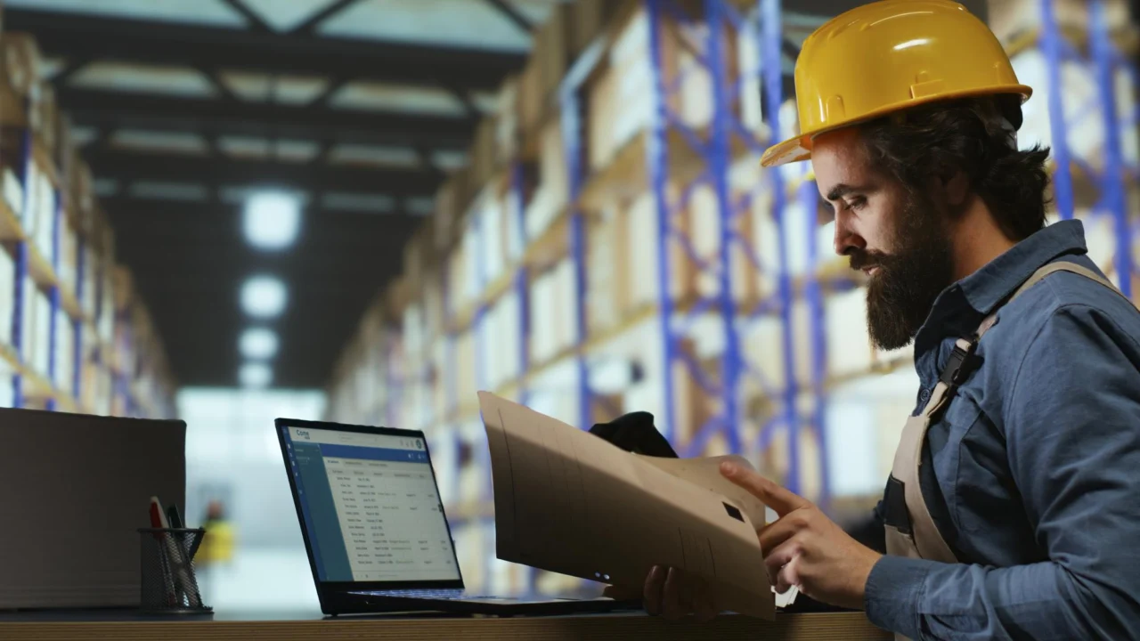 An operations manager checking records at a laptop between warehouse racking