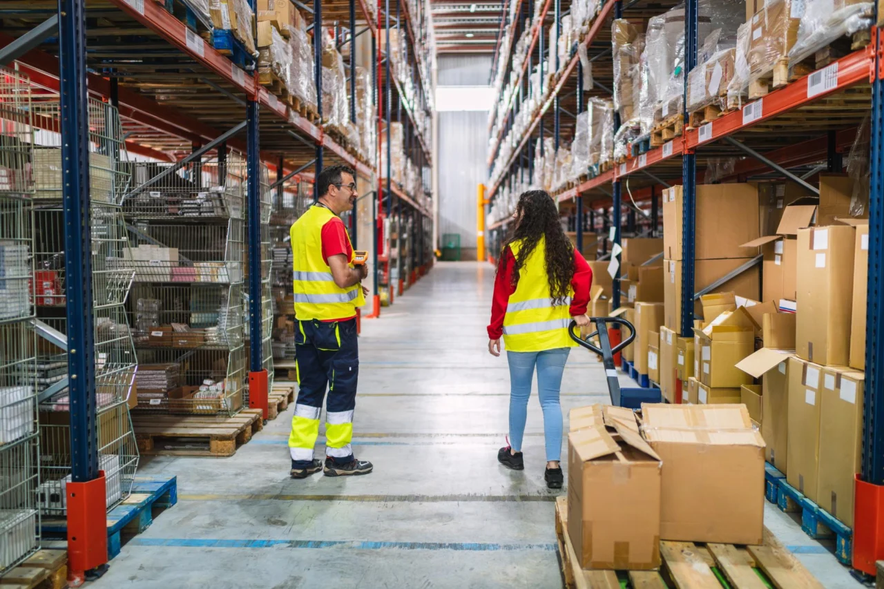 Two warehouse workers moving stock along an aisle of racking